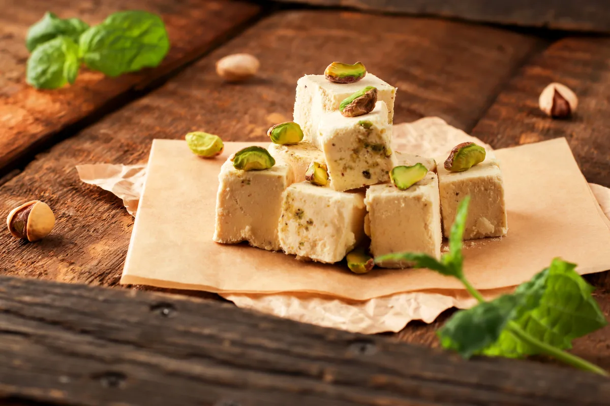 A sliced block of sesame halva on a deli counter board